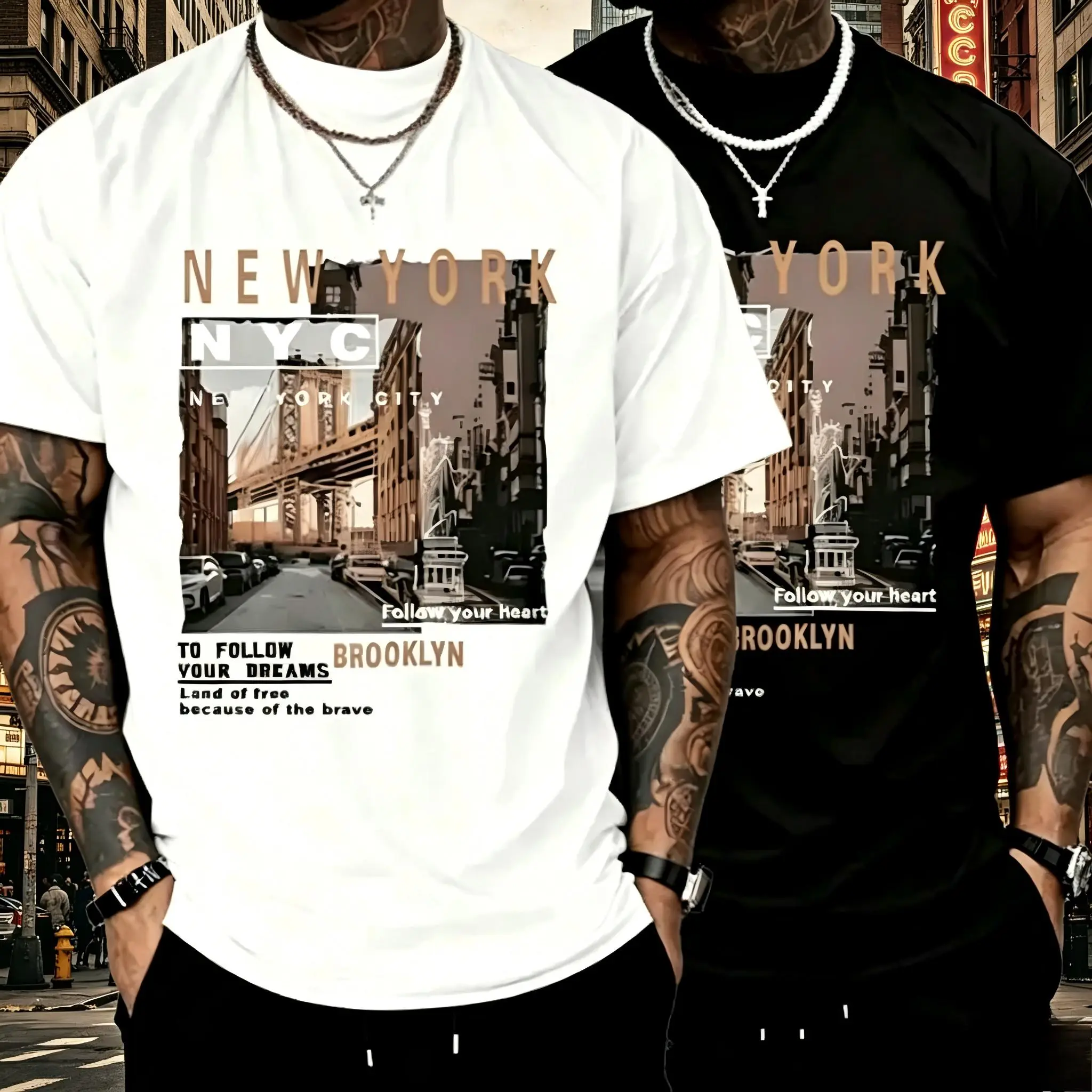 Men’s casual streetwear T-shirt, suitable for urban exploration, retro travel, and street culture scenes; heavyweight cotton crew-neck printed tee with Y2K-inspired urban fashion and a vintage city aesthetic; loose, relaxed urban street-style short sleeve