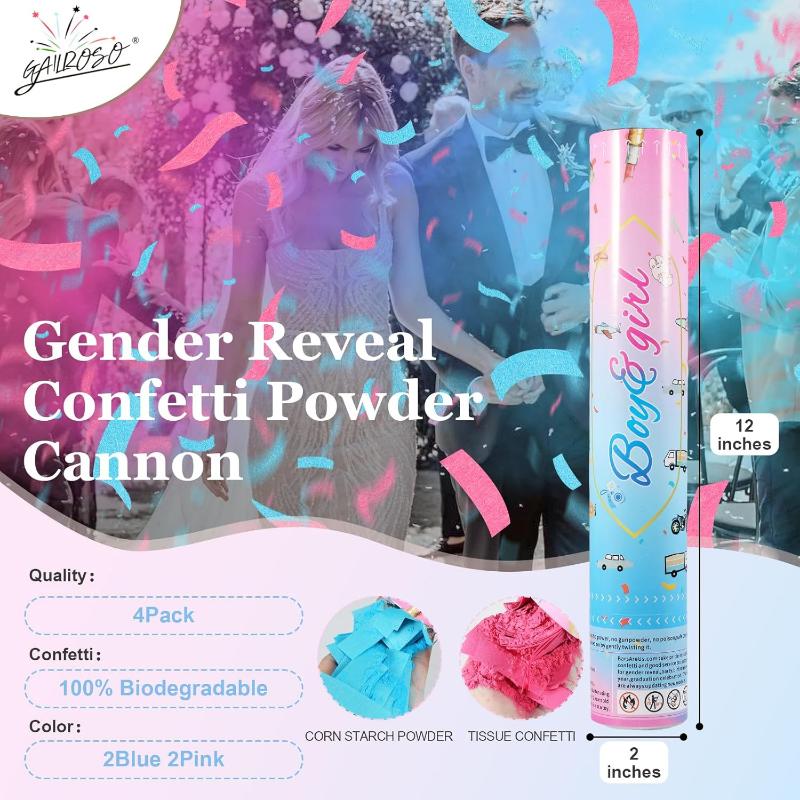Gender Reveal Confetti Cannon,4 Pink Safty Corn Powder Smoke Party Poppers Shoots 20-25ft,12 inch Upgrade Firmware Baby Shower Gender Reveal Party Supplies