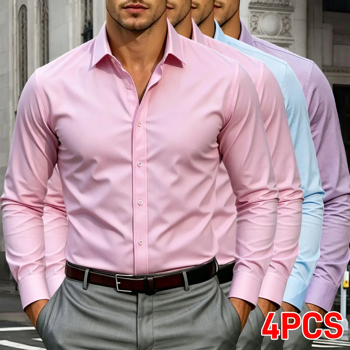 4-Pack Men's Plain Shirts, Long Sleeve Slim Fit Menswear Top, Wrinkle-Free Breathable Polyester for Business Casual, Solid Colors