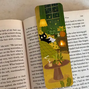 Cozy Cat Bookmark | Cute Black Cat Bookmark | Illustrated Cat Bookmark for Book Lovers | Cozy Reading Gift | Green Bookmark with Cat
