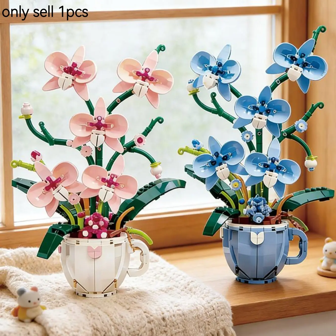 Flower Orchid Coffee Cup Potted 3D Bouquet Artificial Flowers Flower Design Blue Pink Tone Potted Plants Building Blocks Girls Toys DIY Home Desk Plant Decoration Christment  Valentine's Day Gift for Girl Decorative Flower
