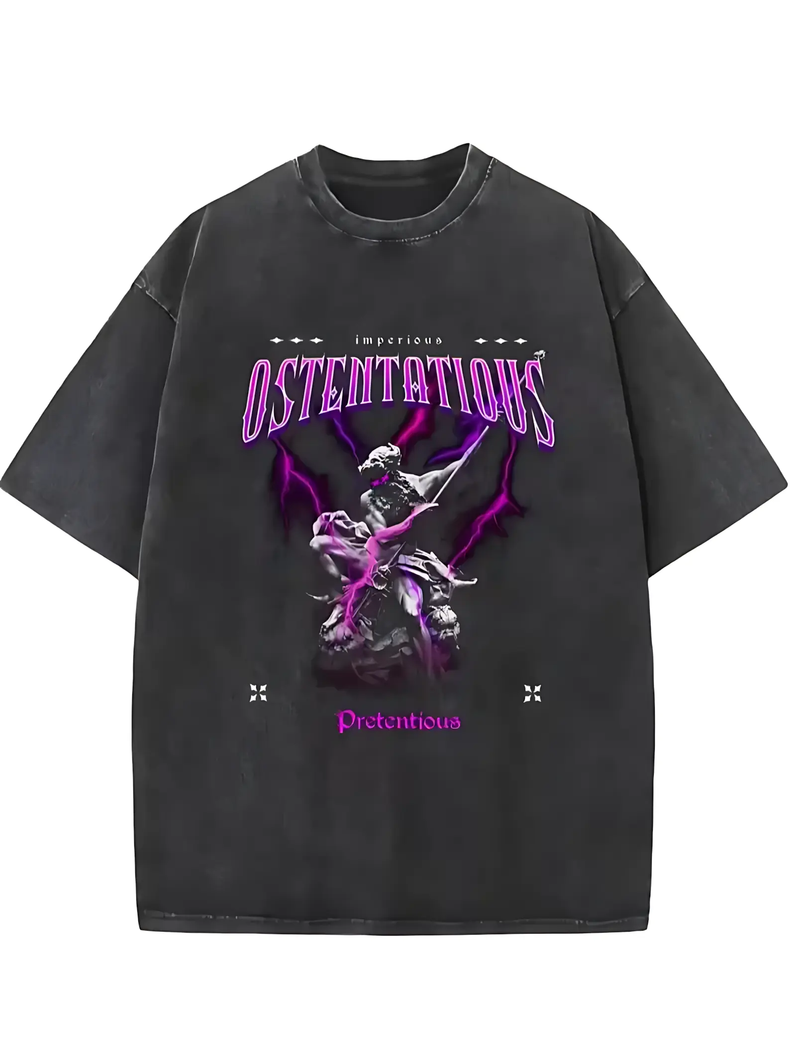 Black pure cotton T-shirt with a vintage mineral wash, featuring a graphic of purple lightning washed tee