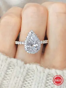 S925 Sterling Silver Water Drop Shaped Zircon Ring, Luxury Engagement Ring for Women, Fashion Jewelry Accessories for Party, Daily Clothing Decor