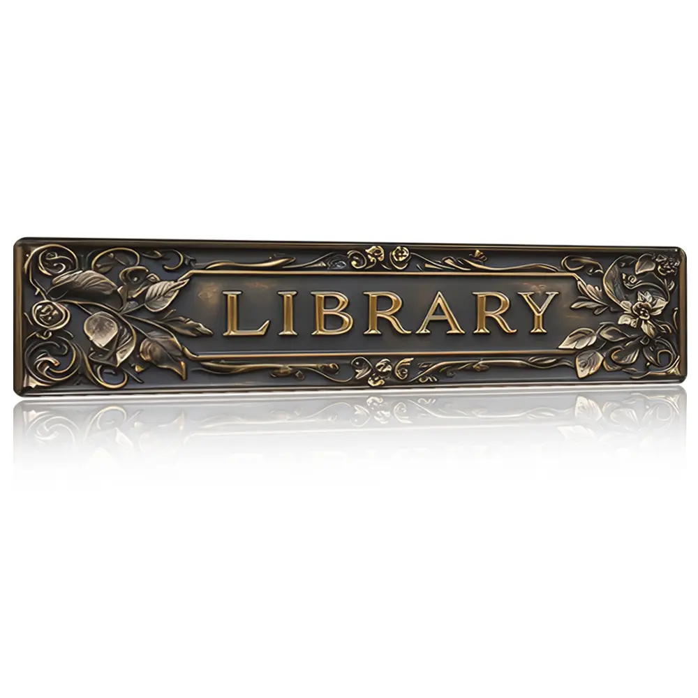 Vintage Floral Bronze Metal Library Sign, Elegant Decorative Aluminum Plaque for Book Lovers’ Reading Room, Home Office Wall Decor, Aluminium
