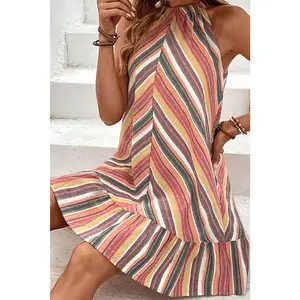 Multicolour Striped Halter Neck Sleeveless Mini Dress Casual Womenswear
