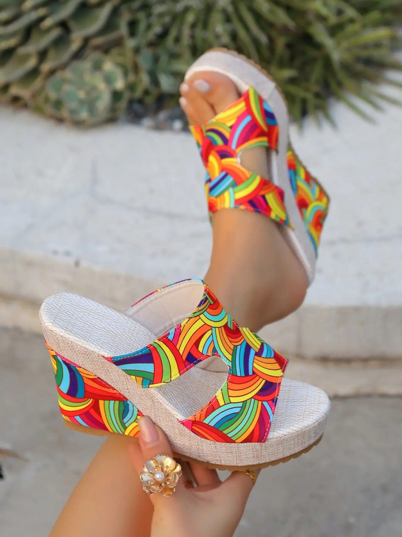 Women's New Summer Platform Wedge Sandals: Fashion Rainbow Color-Block Slip-On 10cm Ultra High Heel Peep-Toe Slides for Outdoor Wear