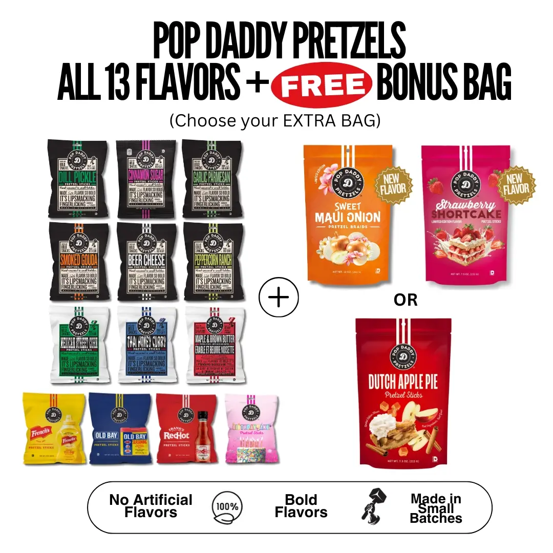 Pretzel Sampler Pack - 13 bags + STRAWBERRY SHORTCAKE or SWEET MAUI ONION PRETZEL STICKS or DUTCH APPLE PIE - Pop Daddy Snacks