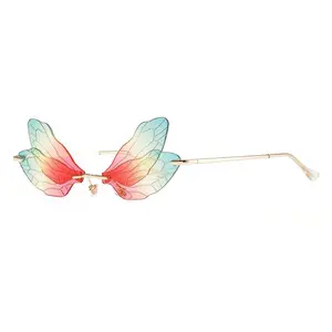 2020 New Fashion Dragonfly Wings Rimless Cat Eye Sunglasses Women Vintage Gradient Colorful Butterfly Sun Glasses For Female