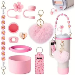 10-piece cup accessory set including protective sleeve, handle strap, straw and lid - Compatible with 30oz and 40oz insulated cups and water bottles - Spill-proof, scratch-resistant, with soft grip, heart-shaped cutouts and beaded keychain - An ideal gift