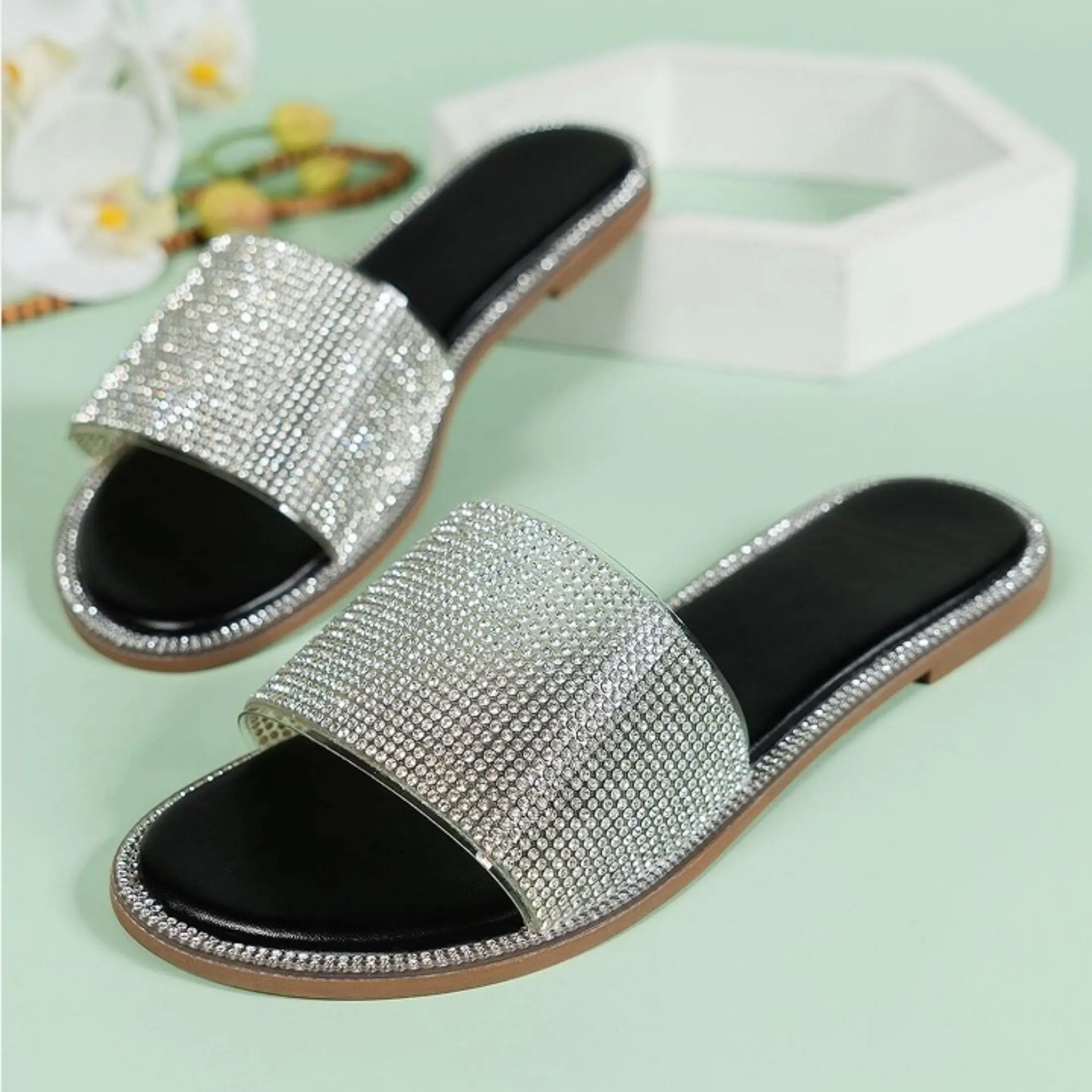 [Fast Deliver] Women's Elegant Flat Rhinestone Shoes, Casual Glitter Slippers for Daily Wear, Shoe, Flat Sandals, Rhinestone Sandals, Elegant Sandal