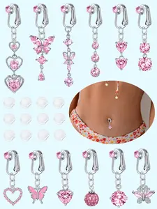 4 Piece Hanging Fake Belly Button Rings Set, Cubic Zirconia Butterfly Heart Design, Clip-On Navel Piercing Jewelry for Women