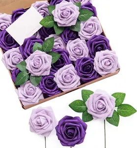 50pcs Lilac & Purple Artificial Roses Decor W/Stems, 3.15inch Real Touch DIY Foam Floral for Wedding Bouquet/Centerpieces, Outdoors Party Backdrop, Room/Table, and Garden Pot Decor