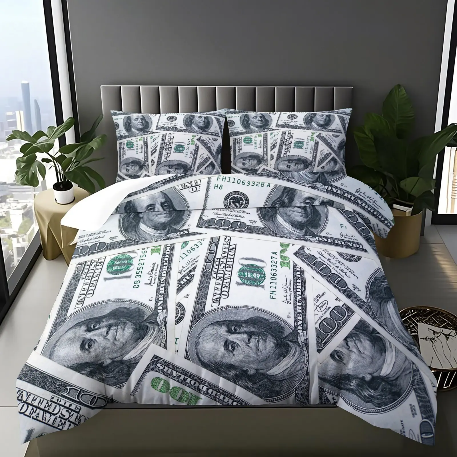 Rich Theme Full Print Dollar Cash Pattern Decorative Duvet Cover Set, Includes 1 or 2 Pillowcases, Soft Comfortable Fabric, Full-detail Western Bedding Set Trendy Design, All-season Lucky Bedroom Decor