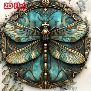 Vintage Dragonfly Aluminum Wall Art Teal and Gold Round Metal Plaque for Home Decor Living Room Patio Bedroom Kitchen Bathroom House Interior Decoration Ornaments