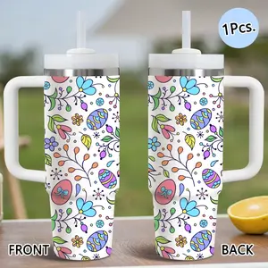 PIKPAKA Easter Pattern with Bunnies Doodles Flowers Easter Eggs 40oz Stainless Steel Tumbler with Handle & Straw, Leakproof Tumbler, Vacuum Insulated Travel Mug Keeps Drinks Cold Up to 12 Hours, Cup for Iced Coffee, Water, Office, Gym or Travel
