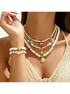 3 Necklaces + 2 Bracelets Boho Polymer Clay Beads Adjustable Necklaces Elastic Bracelets Alloy Starfish Mermaid Tail Jewelry Set for Women Daily Holiday Wear