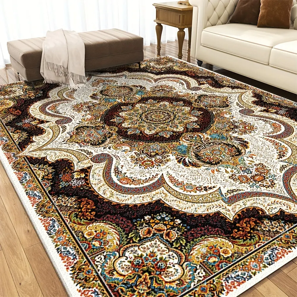 Luxurious Floral Area Mat Non-Slip Washable Quick Absorbent Welcome Mat for Living Room & Bedroom Soft Entrance Mat with Intricate Brown & Beige Paisley Design Machine-Made Polyester Ideal for Modern Home Decor Rugs for Living Room