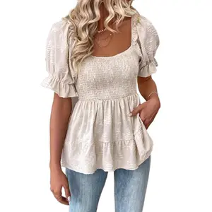 Women's Textured Frill Trim Puff Sleeve Blouse - Elegant Square Neck Short Sleeve Top for Fall, Casual Daily Wear, Back to School, Birthday Gift