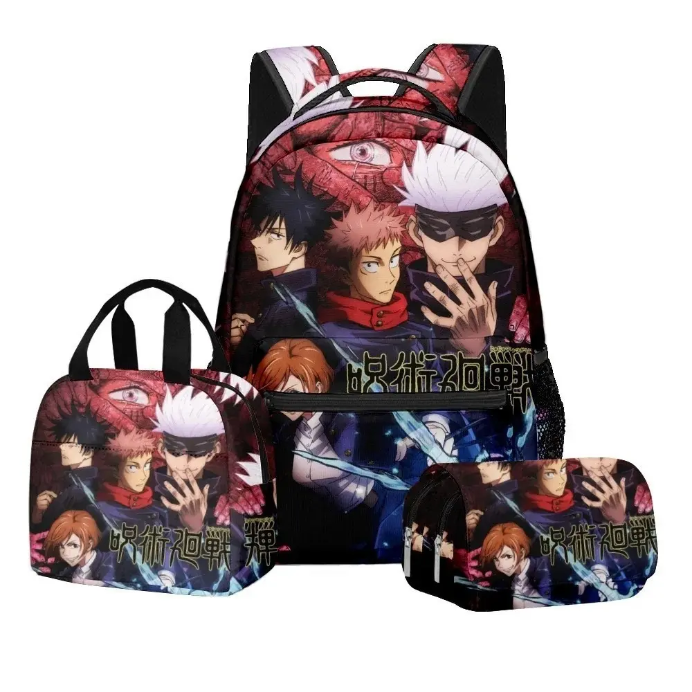 Jujutsu Kaisen 3PCS Backpack Set, Anime Printed School Backpack with Lunch Bag & Pencil Case, Waterproof Large Capacity Student Laptop Backpack, Durable Travel Daypack for Boys Girls Kids Teens, Back to School