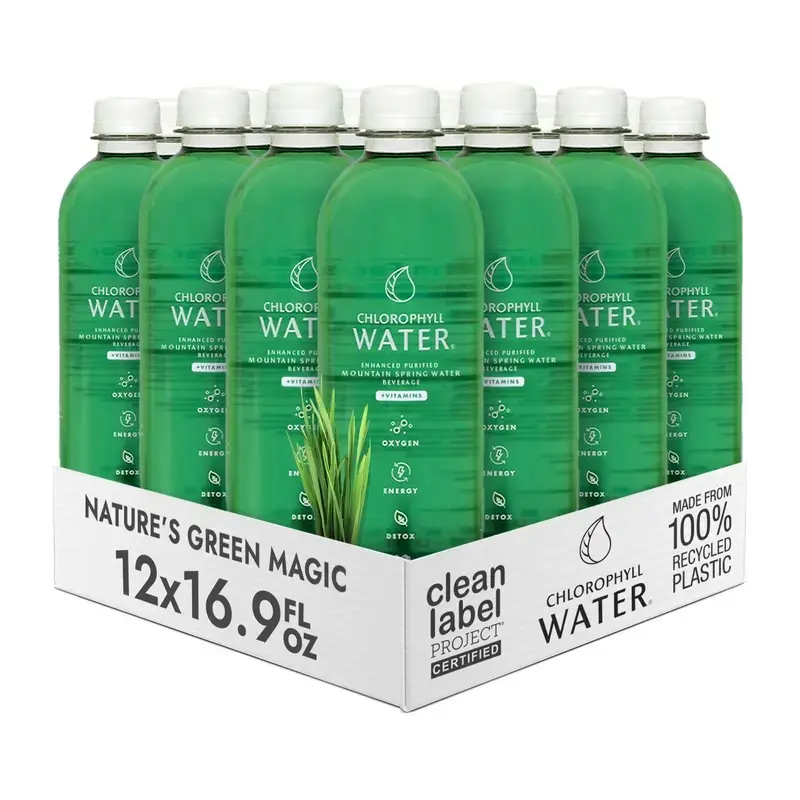 Chlorophyll Water (Case of 12) Liquid Chlorophyll Drops in Purified Water Bottles for Glowing Skin, Natural Energy and Detox, Vitamins A, B12, C, D3, Clean Label Certified, Plant-Based Vitamin Water Beverage (16.9oz)