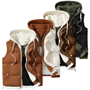 Men's Woven Hooded Colorblock Quilted Vest Trendy Warm Casual Versatile for Everyday Wear Winter Street Style Brown Wetsuit TechwearGift