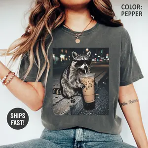 Comfort Colors Raccoon Drinking Iced Coffee TShirt, Funny Animal Meme Tee, Coffee Lover Raccoon tshirt