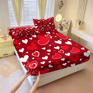 Red background with heart print fitted sheet set, Bed Set, Includes 1 Fitted Sheet & 2 Pillowcases without Filler, Cozy and dreamy, comfortable and soft, Soft Bedding Sheet, perfect for holiday home decor. Multiple styles available.