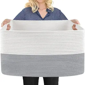 Extra Large Laundry Basket, Rectangle Woven Cotton Rope Storage Basket with Handles, Wicker Laundry Hamper, Farmhouse Storage Bin for Blankets Clothes Toys, Grey, 22" x 17" x 12"