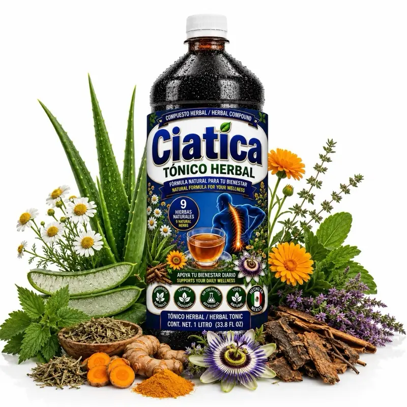 Ciatica Tónico Herbal 1 Litro (33.8 fl oz) – Traditional Herbal Blend con Tomillo, Curcuma, Ortiga, Pasiflora & More – Mezcla Herbal Digestive Comfort , Nerve Pain, Sciatica, muscle and joint mobility, relaxation tea – para Nervio Ciatico Jugo De maguay