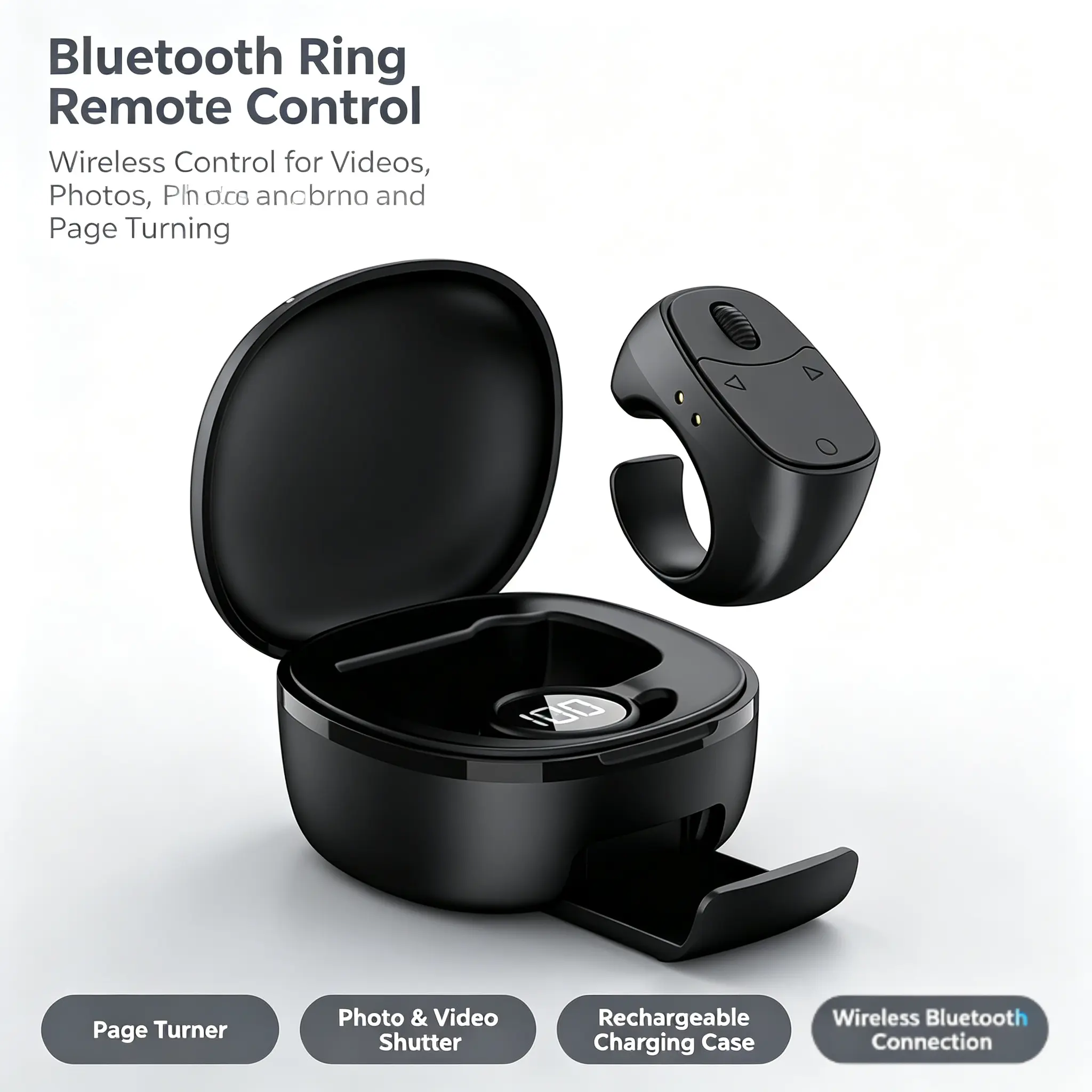 Wireless Bluetooth-Compatible Ring Remote for Short Videos, Scroll Wheel for Scrolling, Like & Playback Control, Camera Shutter, 180mAh Charging Case with Phone Stand, USB-C, Compatible with iOS & Android, Hands-Free Page Turner for Content Creators