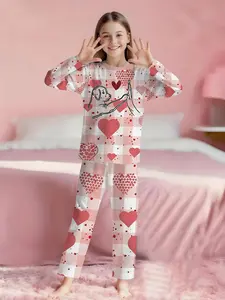 Plaid Heart Cute Pets Girls 2-Piece Long Sleeve Pajama Set, Digital Print & Extra Long Pants, Flame Resistant, Soft 100% Polyester Loungewear, Cozy Kids Sleepwear, Perfect Gift for Little Girls
