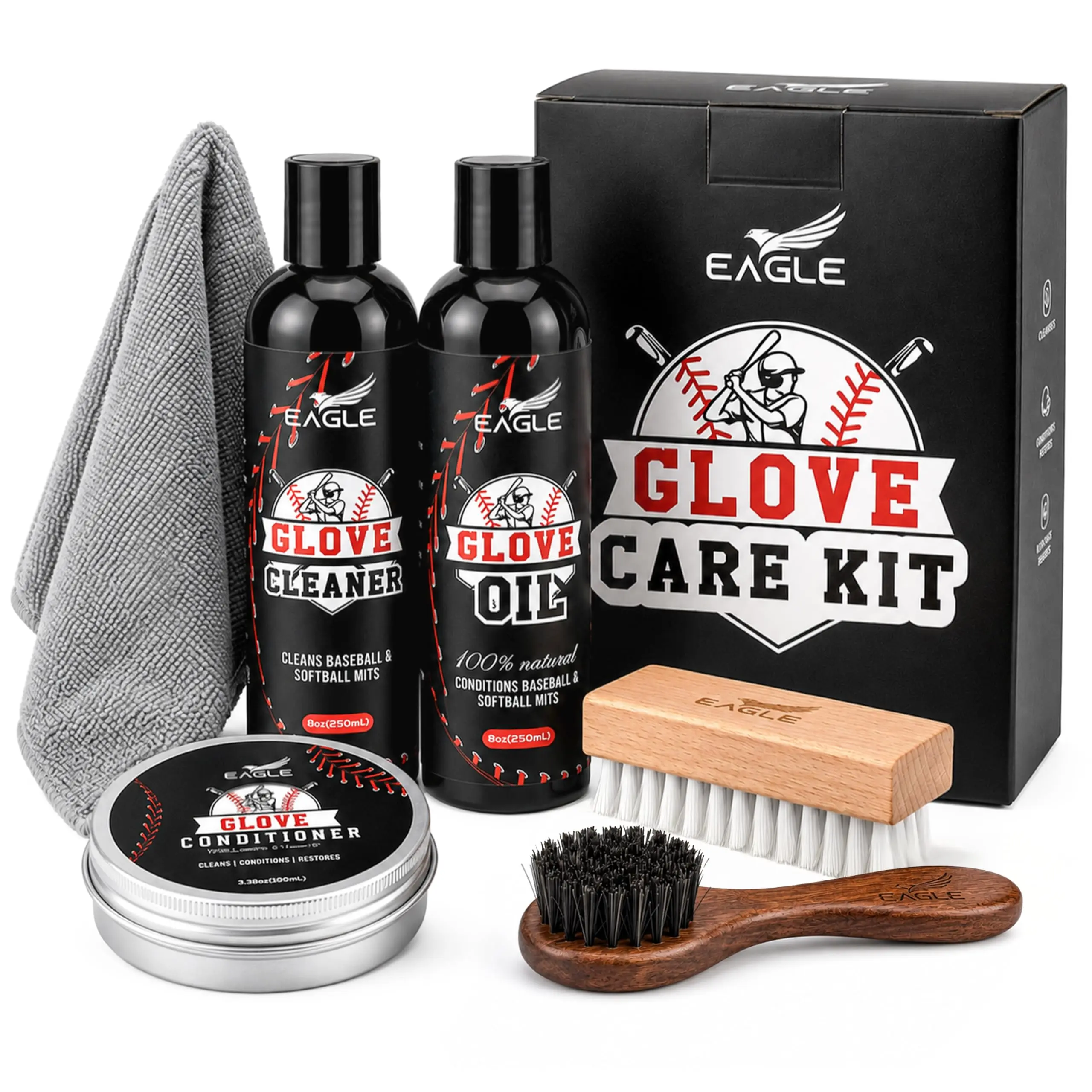 Eagle Baseball Glove Care Kit – Glove Cleaner (8oz), Oil (8oz), Conditioner (3.38oz), 2 Applicators & Cloth – Complete Leather Glove Maintenance Kit for Baseball, Softball, Catchers Mitts & More