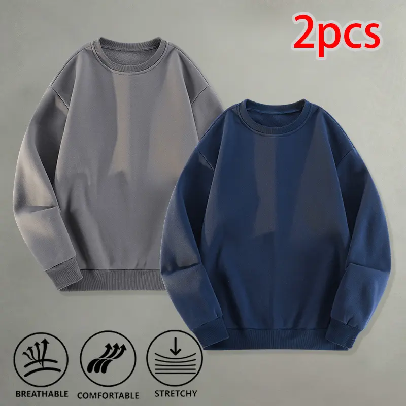 Two-pack solid-color crewneck fleece pullover sweatshirts for men and women, comfortable stretchy long-sleeve tops, suitable for layering in spring and autumn and for casual commuting outfits.
