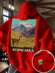 American Vintage Aconcagua Mountain Print Hoodie, Casual Loose Fit Letter Pattern, Fitted Style for All Seasons, Men's Fashion Top