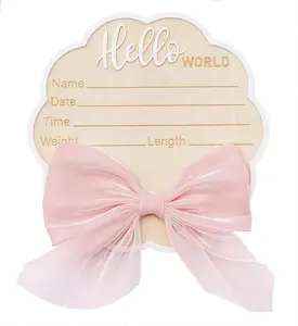 Flower-Shaped  Announcement Sign -   Photo Prop Wooden Name Board Card with  Bow, Birth Welcome Hello World for Girls