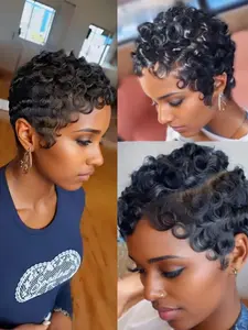 Human Hair Wig Kinky Curly Wigs Curly Wave Pixie Cut Wig for Women Full Machine Made Wig 150% Density 6 Inch