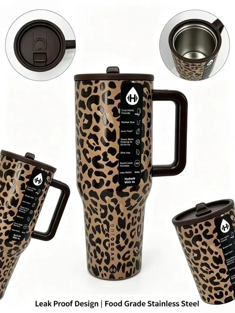 HydroJug 40oz Leopard Print Insulated Stainless Steel Tumbler With Handle, Portable Aesthetic Vacuum Travel Water Cup, Cute Water Bottle, Ideal Gift For Leopard Print Lovers
