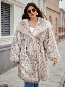 Plus Size Women's Winter Long Sleeve Drawstring Waist Plush Hooded Coat, Loose Fit Fashion Outerwear, Warm Casual Jacket for Ladies