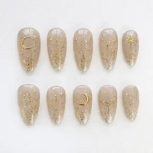 Celestial Nude Fake Nails – Gold Star Moon Press On Nails, Luxury Almond Shape, Handmade Reusable Nails