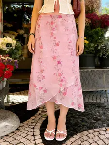 Elegant Ditsy Floral Print Cross Design Flowy Skirt, Y2K Style Fitted Long Half Skirt, Gentle and Draped Women's Fashion
