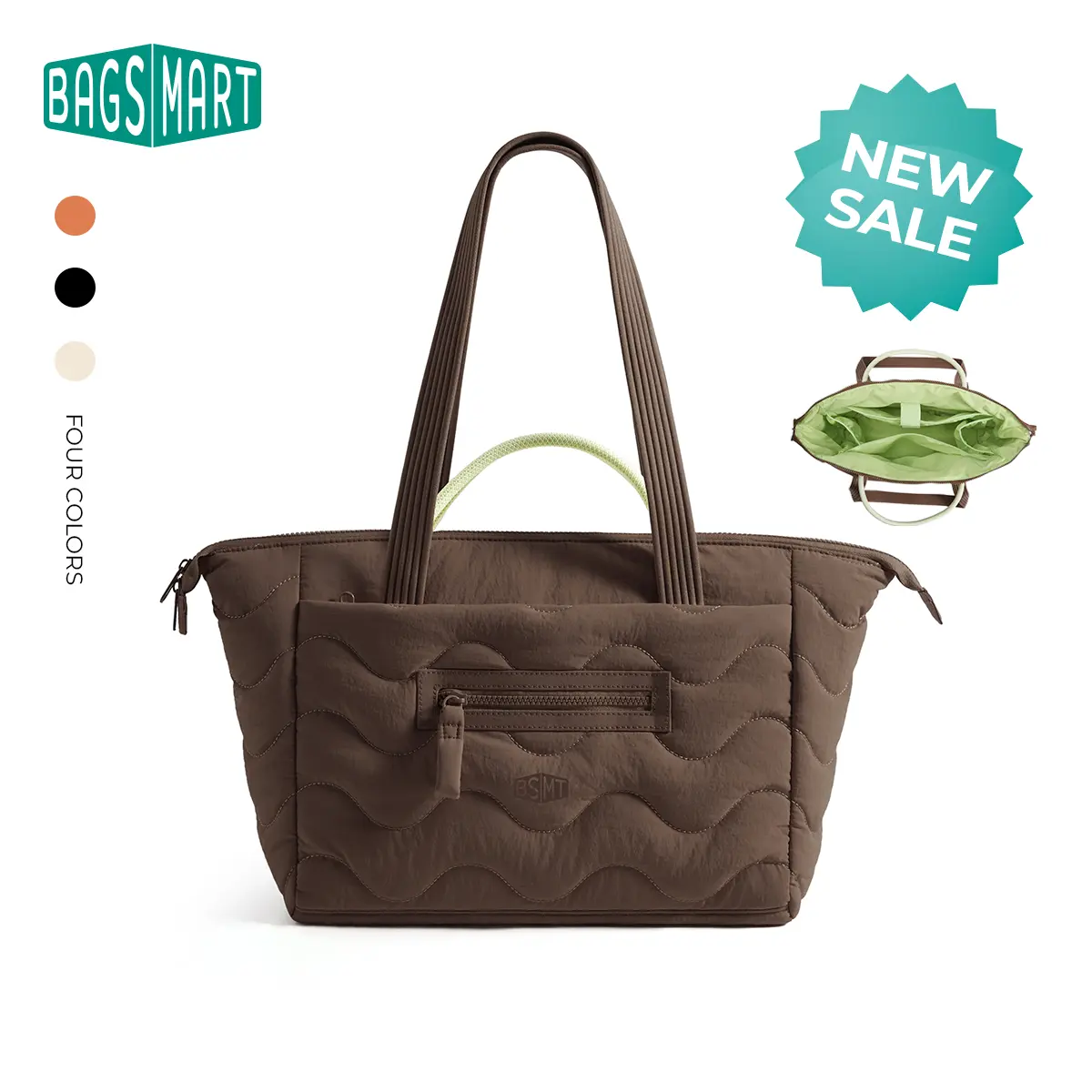【NEW IN】BAGSMART SOUND Wave Quilted Women's Tote Bag, 2-Way Hand & Shoulder Design, Soft Padded Pressure-Relief Shoulder Straps, Water-Resistant Multi-Pocket Organizer, Contrast Lining, 4 Trendy Colors