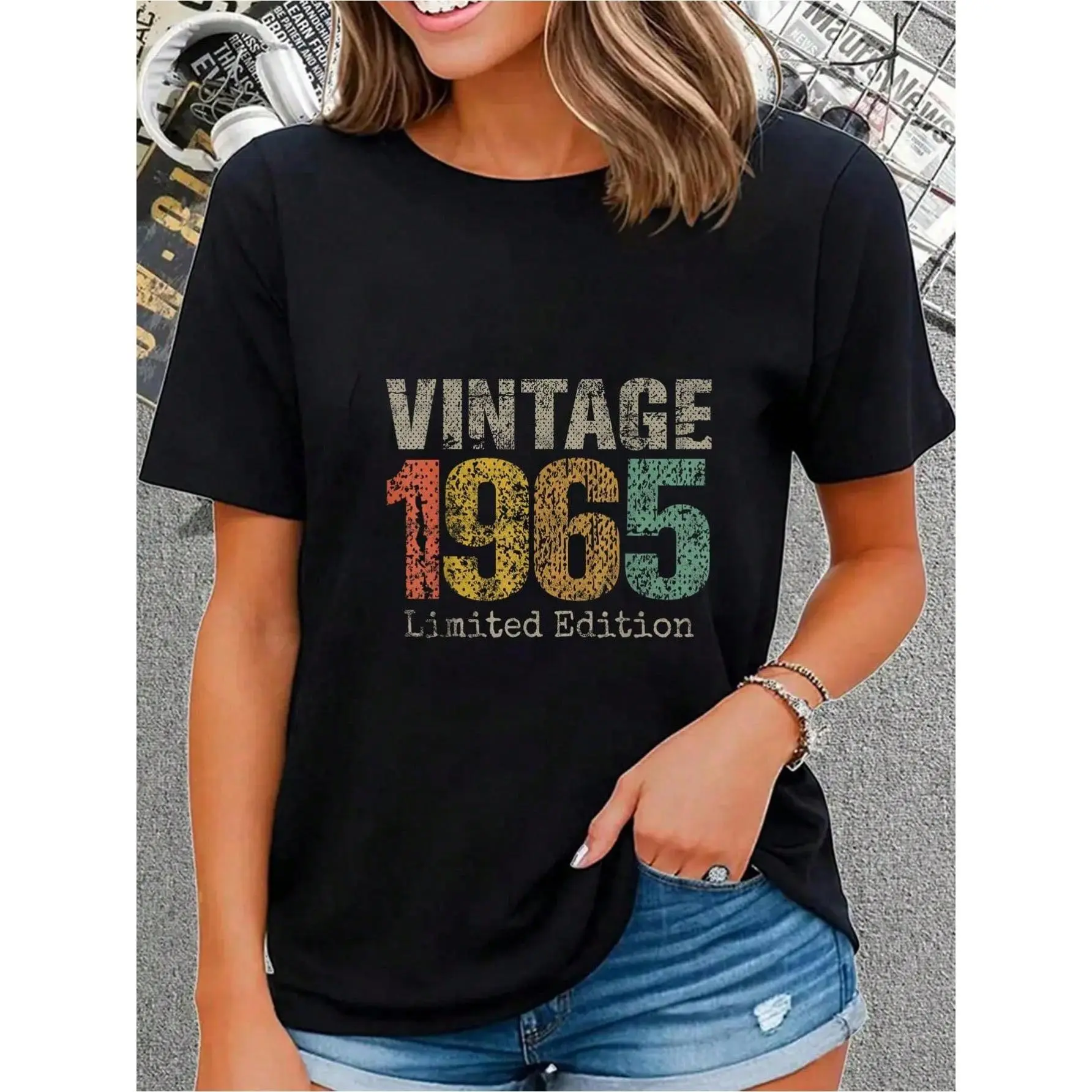 Graphic T-Shirt for Women with Vintage 1965 Flower Print, Casual Short Sleeve Breathable Cotton Fabric Top for 60th Birthday Gift, Shortsleeve, Lady, Knitted, Round Neck, Small Crew Neck, Avant-Garde Look, 60Th Birthday Gifts, All Seasons