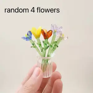 Handmade Crystal Glass Mini Floral Decor Set, Tulip Bouquet in Transparent Vase, DIY Craft, Photography Prop, Holiday Table Decoration