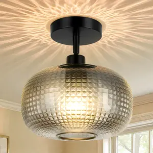 Smoke Gray Diamond Cut Glass Semi Flush Mount Ceiling Light, Modern Black Base Globe Ceiling Light for Hallway, Bedroom, Kitchen, Living Room