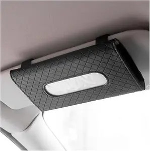 Car Tissue Holder, Leather Hanging Paper Towel Clip with Tissue Refill, Rectangle Napkin Holder , Interior Car Accessories for Tissue Storage ( Black, Grid)
