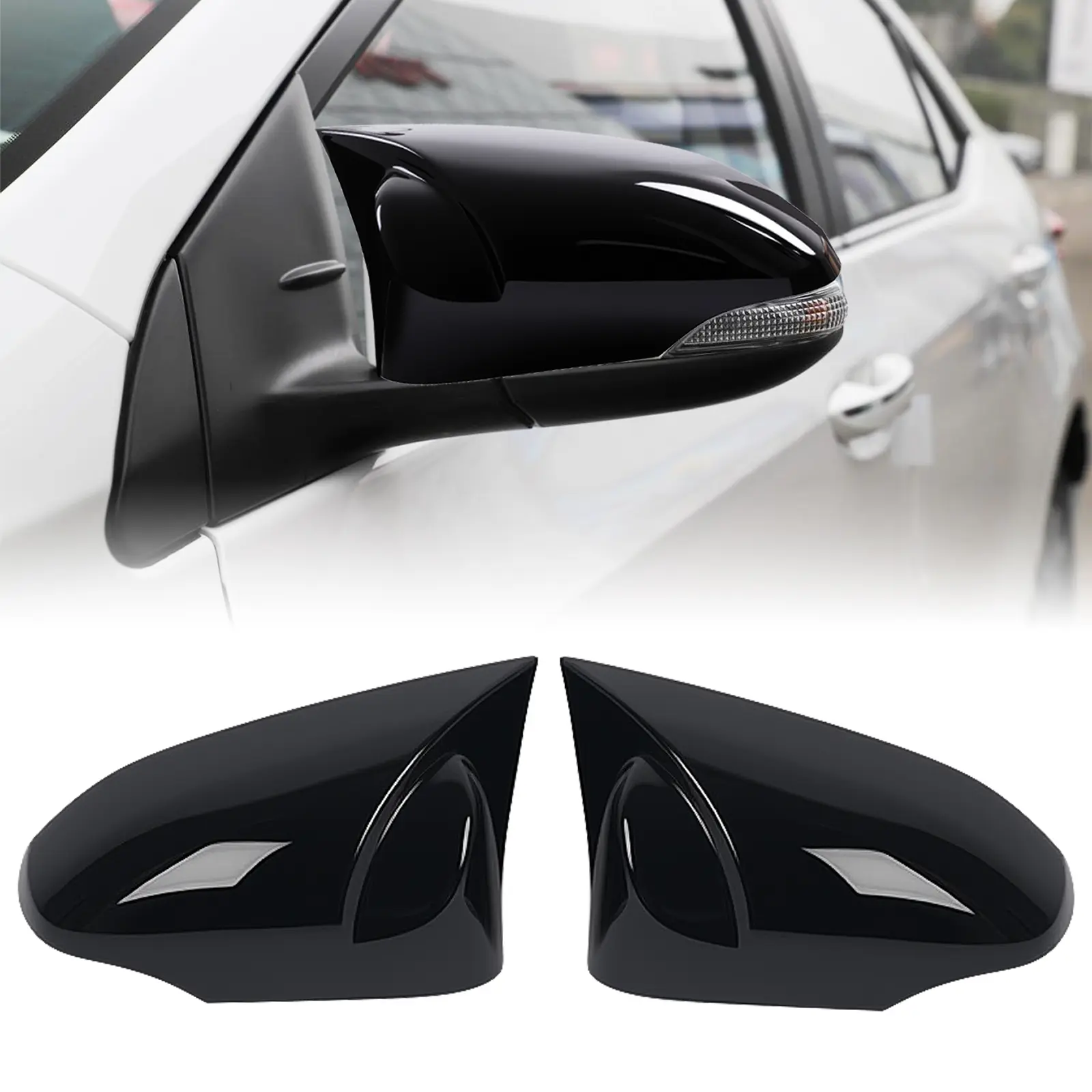 Glossy Black ABS Plastic Side Mirror Covers (Set of 2) for 2014-2019 Toyota Corolla, Strong Adhesive Tape Easy-Install Rearview Caps with Scratch Protection, Exterior Upgrade Automotive Replacement Parts
