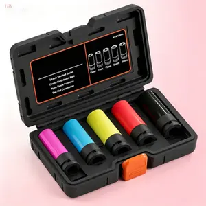 Thin Wall Impact Lug Nut Socket Set, 5 Piece 1/2 Inch Drive, Deep Socket with Non-Marring Wheel Protectors, Metric 15 17 19 21 22 MM, Reusable No Glue Needed