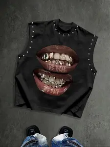 American Streetwear Hip-Hop Gold Tooth Lip Print Rivet Sleeveless T-Shirt, Loose-Fit Summer Casual Vest, Trendy Street Style Top, Fashion Clothes