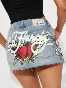 Ed Hardy Skull Denim Mini Skirt - Light Wash