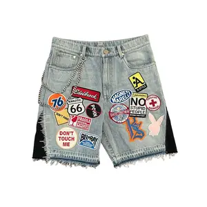 Streetwear Retro Patchwork Denim Short Y2K Jeans Men Women Hip Hop Cartoon Graphics Retro Blue Loose Denim Fitness Casual Shorts Trendy Daily Wear Loose Fit Button Fly